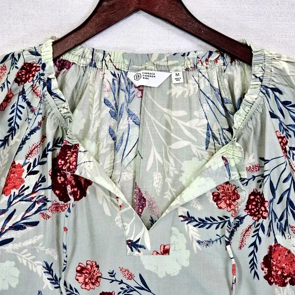 Candace Cameron Women’s Blouse Cap Flutter Sleeve Tie Front Floral Sage Medium - Picture 2 of 6